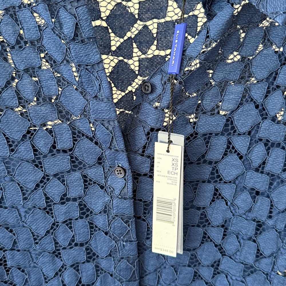 Ellie Tahari Geo Lace Button Shirt Sea Blue Size XS - Picture 3 of 14